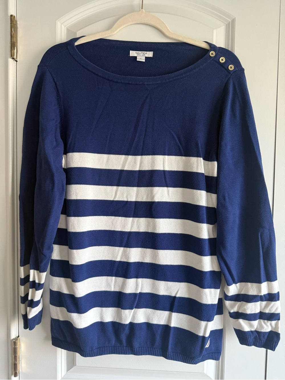 Nautica Women’s Blue & White Striped Boatneck Sweater, Shoulder Buttons, XL, GUC